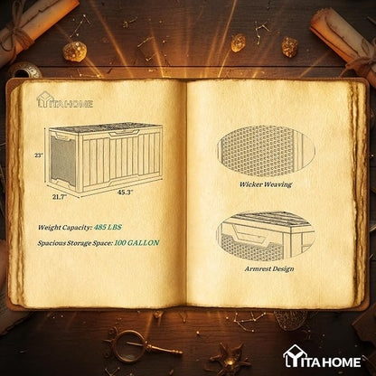 YITAHOME 100 Gallon Large Outdoor Storage Box | Water Resistant Resin Deck Box w/Silver Decorative PVC Trim Pane, Lockable Rattan Storage Container for Patio, Garden