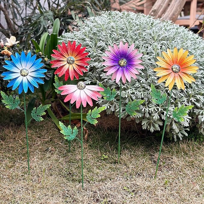 Metal Flowers for Outside, 4 Pack Decorative Garden Stakes with Spring Design, 16.5 Inch Handmade Iron Outdoor Metal Garden Decor, Flickering Daisy Yard Art for Patio Lawn