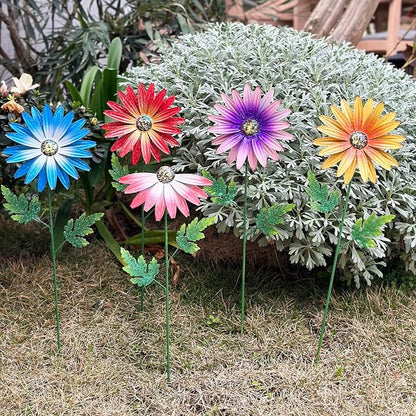 Metal Flowers for Outside, 4 Pack Decorative Garden Stakes with Spring Design, 16.5 Inch Handmade Iron Outdoor Metal Garden Decor, Flickering Daisy Yard Art for Patio Lawn