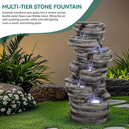 AUTODAYA 6-Tier Rock Outdoor Water Fountain, 40in Tall Oversized Fountains for Outside, Relaxing Cascading Waterfall for Tranquil Outdoor Garden Patio Garden Backyard Oasis