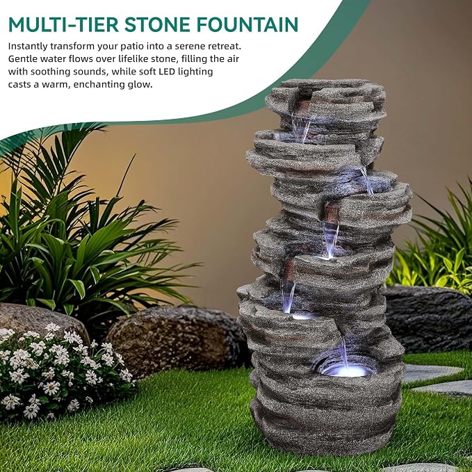 Extra-Large Rock Outdoor Water Fountain with LED Lights | 6-Tier Cascading Waterfall for Garden Patio Porch, Weather-Resistant Polyresin Water Feature for Tranquil Oasis