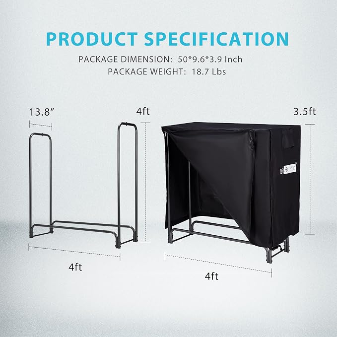 VIVOHOME 4ft Heavy Duty Indoor Outdoor Firewood Storage Log Rack and Cover Combo Set with Zipper