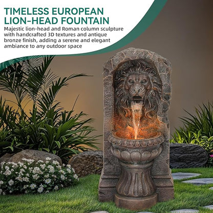 AUTODAYA 30" Lion Head Outdoor Fountain LED Cascading Waterfall, Bronze | Rustic Stone Pedestal,faux bronze granite texture,garden patio yard decor