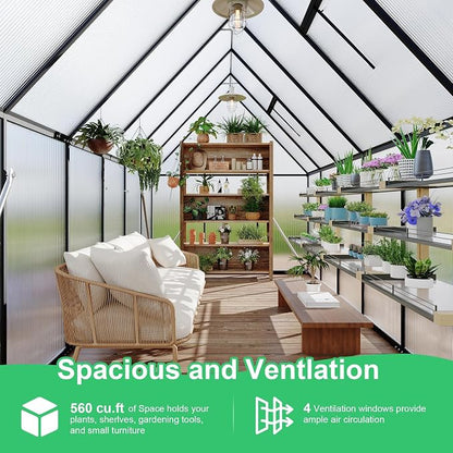 CABIHOME 8x12 FT Outdoor Greenhouse, Polycarbonate Greenhouse with Roof Vent and Ground Nails, Aluminum Large Walk-in Green House w/ Lockable Push Door for Outdoor Garden (Black, 6x11 FT)