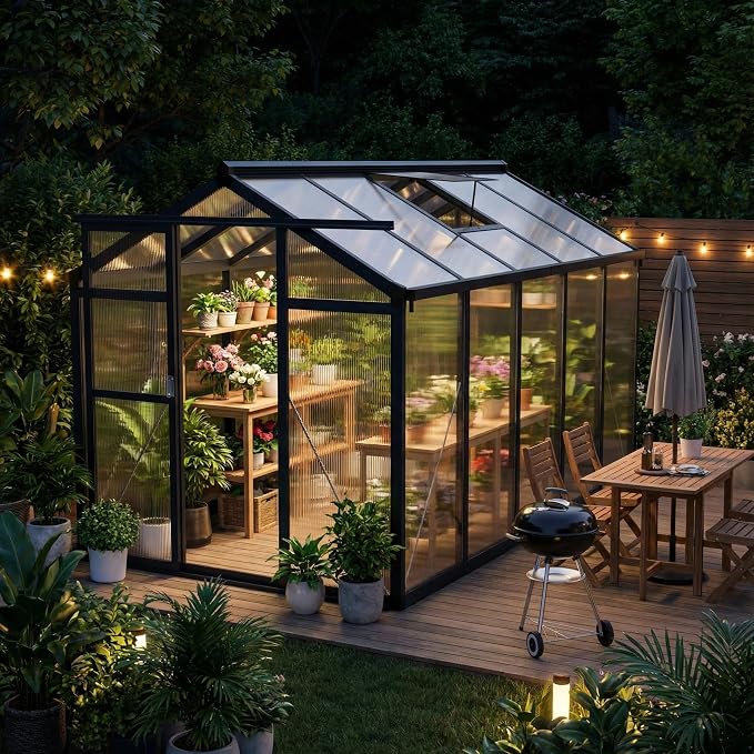 Garvee 6x10ft Walk-in Greenhouse, Heavy Duty Large Outdoor Green House | Polycarbonate Garden Greenhouse with Roof Vent, Lockable Smooth-Gliding Sliding Door & Aluminium Frame for Backyard, Grey