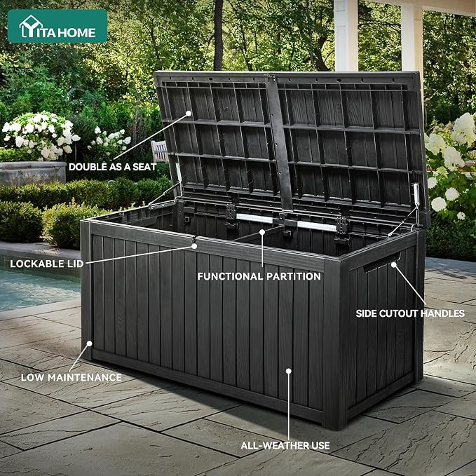 YITAHOME 220 Gallon Large Outdoor Storage XL Deck Box w/Divider for Patio | Outdoor Cushions, Garden Tools, Sports Equipment and Pool Supplies, Waterproof, Resin, Lockable, Black