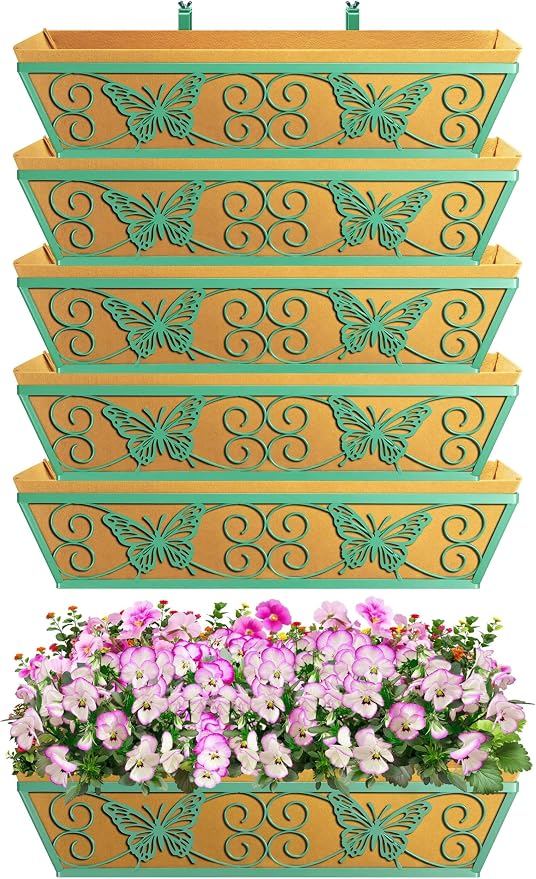 6 Pack 24 Inch Window Boxes Planters Railing Planter Box with Adjustable Brackets for Porch Fence Patio Balcony Hanging Flower Baskets with Woven Fabric for Outdoor Garden Decor - Green