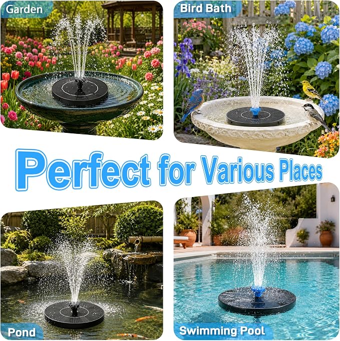 3.5W Solar Fountain Pump, Solar Bird Bath Fountain with 6 Blue & 6 Black Nozzles, Solar Water Pump for Outdoor Garden Patio Small Pond Fish Tank Landscape Decoration