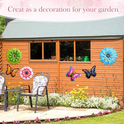 Gisafai 10 Pack Metal Flower Wall Decor Outdoor, 3D Daisy and Butterfly Metal Garden Wall Art, Colorful Fence Decorations for Patio Backyard Balcony Porch, Summer Housewarming Gift(Classic)