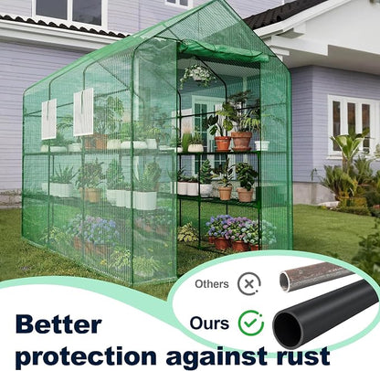 Greenhouse, 57 x 85 x 77'' Greenhouses for Outdoors, with Mesh Side Windows, PE Cover, 8 Shelves, Heavy Duty Walk in Green House for Backyard Garden Indoor, Green