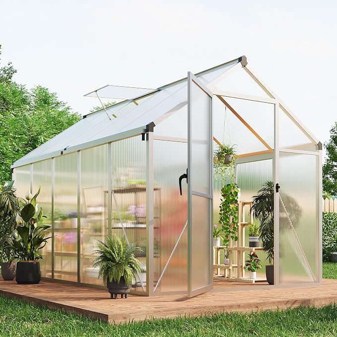 6x10 FT Greenhouse, Greenhouses for Outside, Polycarbonate Greenhouse with Aluminum Frame, Lockable Door and Ajustable Roof Vent for Backyard, Green Houses for Outside Garden Backyard, Patio