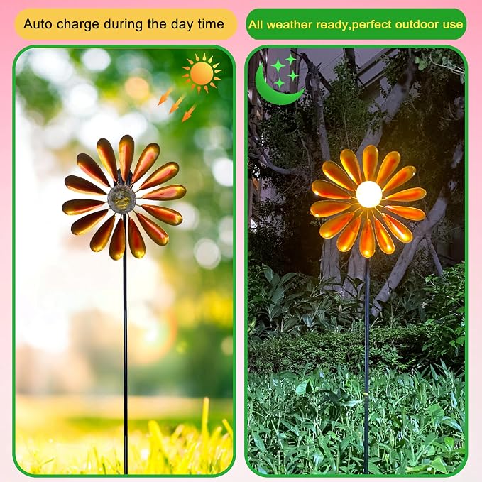 44.48in Orange Solar Daisy Wind Spinner, Metal Stake with Warm White LED Globe Lights