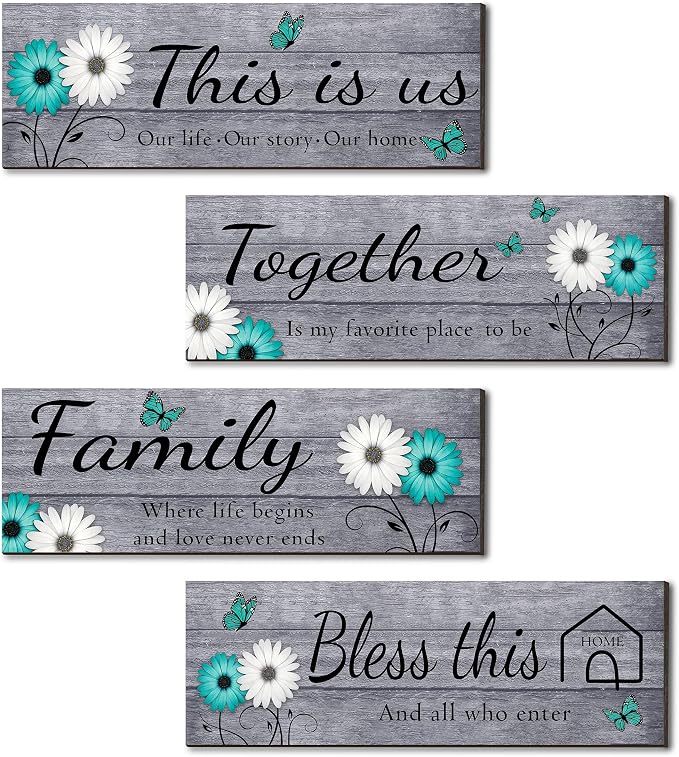 Joyhawk 4 Pcs Farmhouse Wall Decor with Teal Butterflies & Daisies, Rustic Wooden Signs Set (This is Us, Together, Family, Bless This Home), Grey Floral Wall Art for Living Room Bedroom, Housewarming Gift, 4.7" x 13.8"
