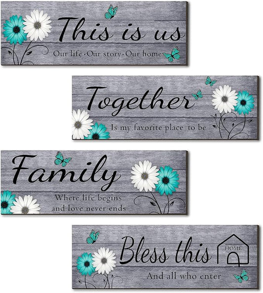Joyhawk 4 Pcs Farmhouse Wall Decor with Teal Butterflies & Daisies, Rustic Wooden Signs Set (This is Us, Together, Family, Bless This Home), Grey Floral Wall Art for Living Room Bedroom, Housewarming Gift, 4.7" x 13.8"