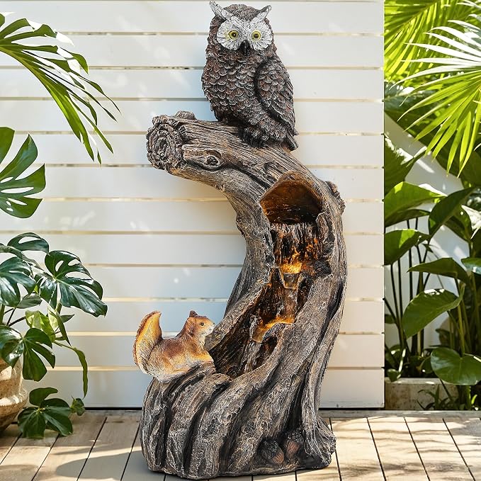 32" H Owl Tree Trunk Outdoor Fountain with Warm LED Lights | Forest Style 4-Tiers Water Feature with Soothing Cascading Waterfall for Patio, Backyard, Garden or Porch