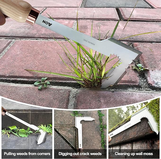 AON 2-Pack Crack Weeder & Root Remover Tool Set for Patios and Gardens | Heat-Treated, Rust-Resistant Steel Resists Bending and Breaking, Ergonomic Ash Wood Handles Offer a Comfortable Grip