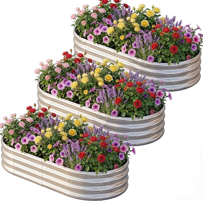 AHEONLAR 3 Pack 6×3×1ft Galvanized Raised Garden Bed, Oval Metal Garden Bed Planter Boxes Outdoor, Durable Raised Garden Beds Outdoor for Vegetables, Flowers, Silver