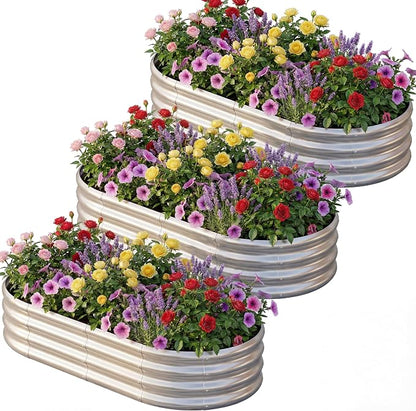 AHEONLAR 3 Pack 6×3×1ft Galvanized Raised Garden Bed, Oval Metal Garden Bed Planter Boxes Outdoor, Durable Raised Garden Beds Outdoor for Vegetables, Flowers, Silver
