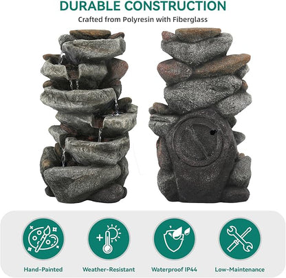 20" H Outdoor Water Fountain with LED Lights, 5-Tier Rock Outdoor Fountain with Pump,Polyresin Cascading Freestanding Waterfall Feature for Tranquil Garden, Patio or Porch