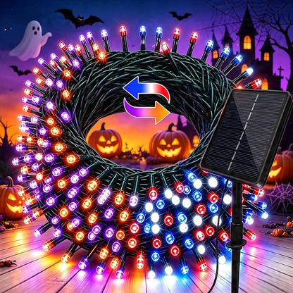Solar Halloween String Lights Outdoor, 66ft 200LEDs Purple & Orange String Light with 11 Modes, Waterproof Patriotic Solar Lights for Garden Yard Pathway Fence Party Memorial Day
