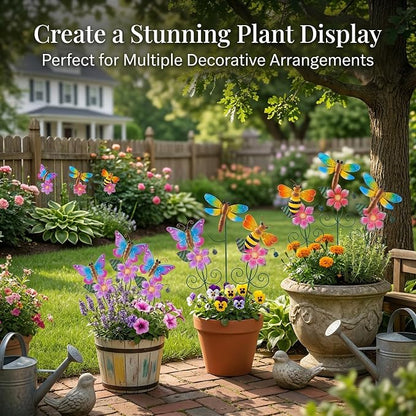 Topadorn Metal Garden Stakes Set of 3, Colorful Bee Butterfly & Dragonfly Garden Decor, Weatherproof Outdoor Yard Stakes for Lawn Patio Planters