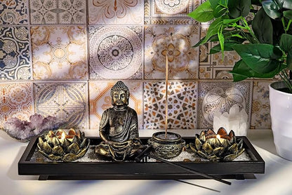 Jovivi Zen Garden Set Buddha Statue 2 Lotus Tealight Candle Holders, Mallet & Rocks and Crystals & Incense Burner Stick Holder Bowl & Wood Tray for Yoga Meditaion Home Table Decor Gift