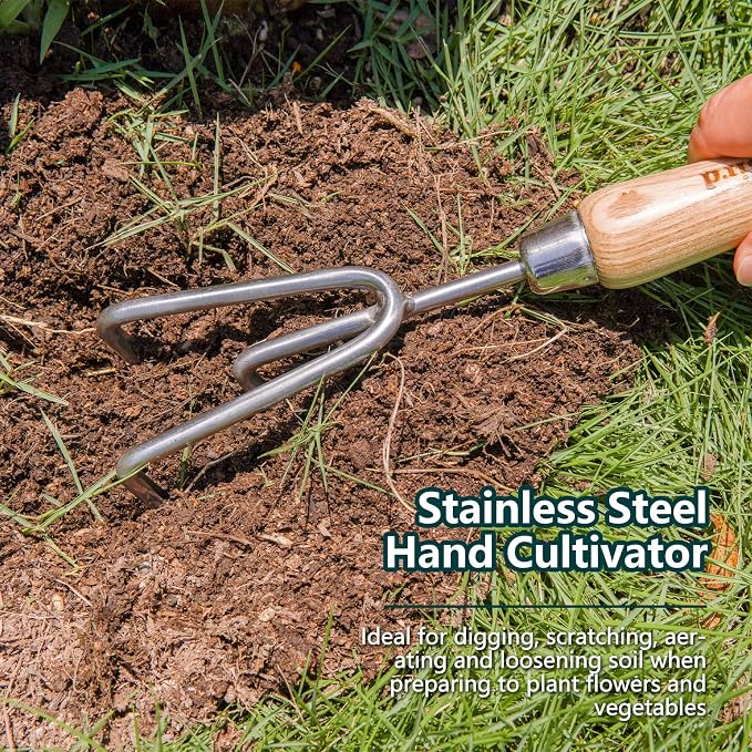 Berry&Bird Garden Tool Set 3 Pieces Stainless Steel Heavy Duty Garden Sets | Gardening Kit Include Hand Trowel Hand Cultivator & Hand Fork with Wood Handle for Weeding Transplanting Digging Garden Gifts