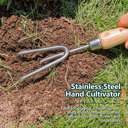 Berry&Bird Garden Tool Set 3 Pieces Stainless Steel Heavy Duty Garden Sets | Gardening Kit Include Hand Trowel Hand Cultivator & Hand Fork with Wood Handle for Weeding Transplanting Digging Garden Gifts