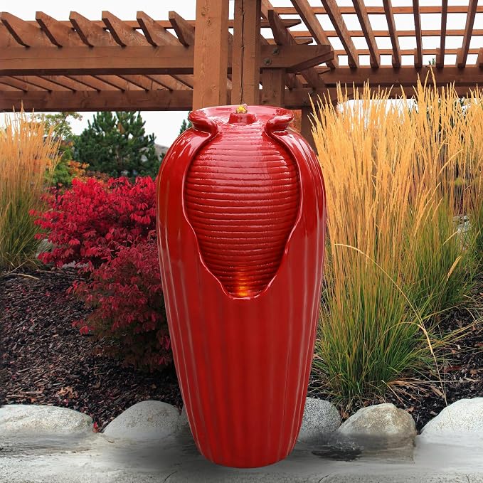 Teamson Home Glazed Vase Floor Freestanding Water Fountain with LED Lights and Pump for Outdoor Patio Backyard Deck Plant Garden Décor, 32 Inch Height, Red | Freestanding Floor Feature, Built-In LED Light, Glossy Red, Outdoor Décor