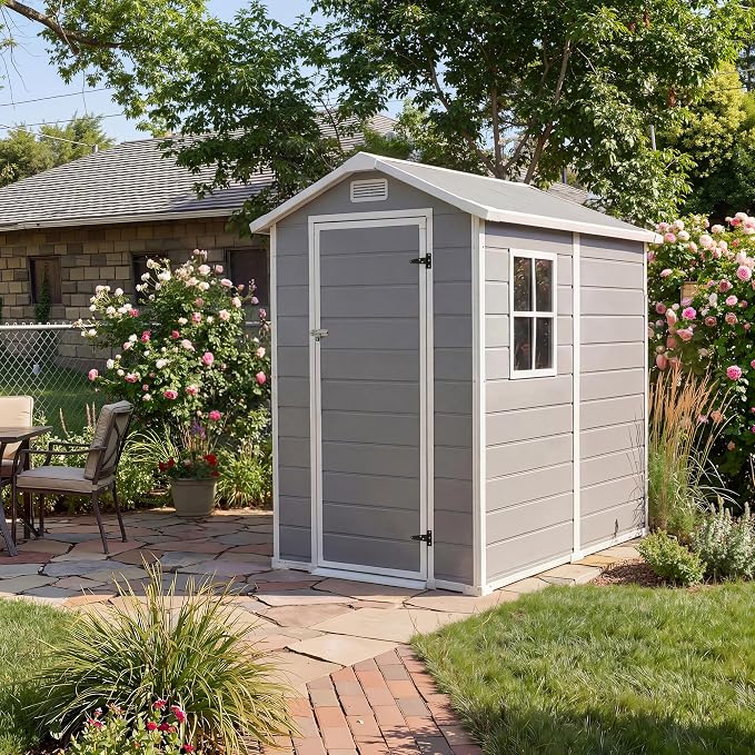 4x6 ft Outdoor Resin Storage Shed with Floor, Lockable Door & Window, Sloping Roof, Plastic Outdoor Sheds with Floor Garden Shed for Backyard Patio Lawn Mower Bike Tool Storage