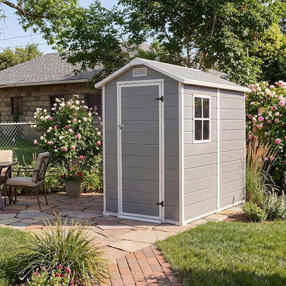 4x6 ft Outdoor Resin Storage Shed with Floor, Lockable Door & Window, Sloping Roof, Plastic Outdoor Sheds with Floor Garden Shed for Backyard Patio Lawn Mower Bike Tool Storage
