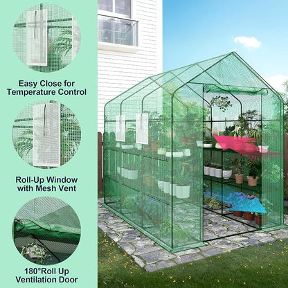 Greenhouse, 57 x 85 x 77'' Greenhouses for Outdoors, with Mesh Side Windows, PE Cover, 8 Shelves, Heavy Duty Walk in Green House for Backyard Garden Indoor, Green