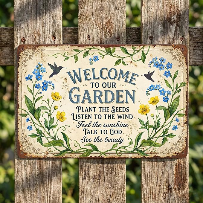 Garden Decor Sign Welcome to Our Garden Floral Wall Art | Garden Lovers • Yard Patio Display • Garden Theme • Vintage Botanical Style • UV Printed • 8x12 Inch