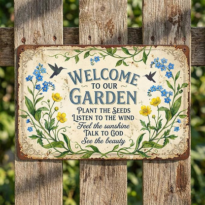 Garden Decor Sign Welcome to Our Garden Floral Wall Art | Garden Lovers • Yard Patio Display • Garden Theme • Vintage Botanical Style • UV Printed • 8x12 Inch