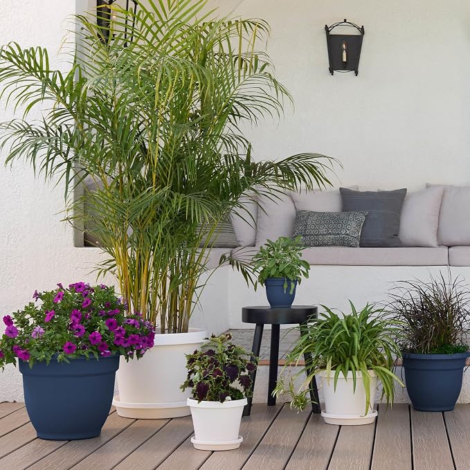 Bloem Ariana 20" Plastic Self-Watering Planter, Navy, 2-Pack | Self-watering disk at the bottom of each pot that acts as a water wick and reservoir for optimal plant health