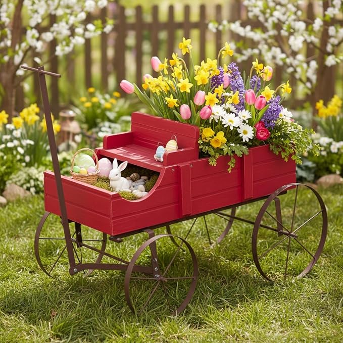 Shine Company Decorative Wagon Garden Planter, Wooden Wagon Yard Décor for Outdoor Plants, Small, Red