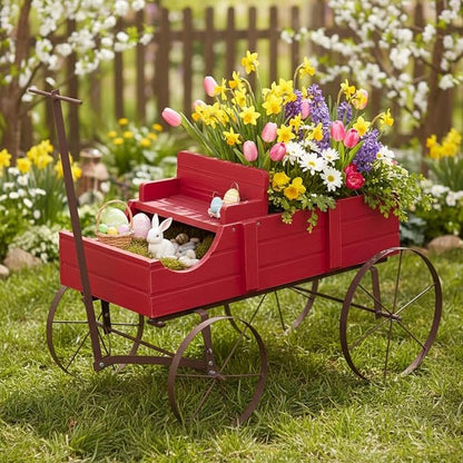 Shine Company Decorative Wagon Garden Planter, Wooden Wagon Yard Décor for Outdoor Plants, Small, Red