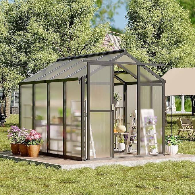 Greenhouse, 6x8 Ft Outdoor Greenhouses, Greenhouse Kit, Portablee Greenhouses with Ground Nails and Vent Windows, Sliding Lockable Door, Polycarbonate Green Houses for Outside Garden Backyard, Black