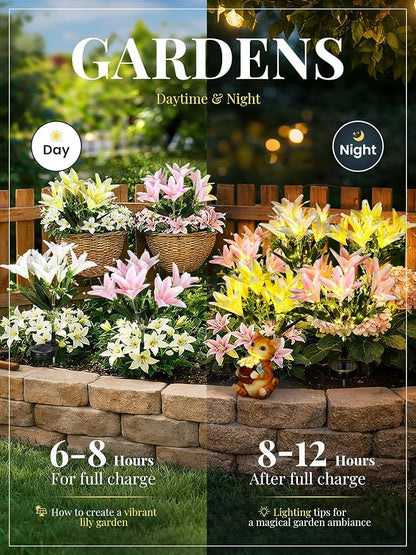 GIGALUMI Solar Garden Lights, 4Pack LED Lily Garden Decor Carefree Solar Flowers Outdoor Waterproof, Yard Decorations Outdoor, Allergy-Free Light up Flowers for Yard Patio (2Pink,1White,1Yellow)