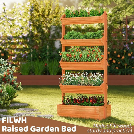 Wooden Raised Garden Bed Vertical Planter Box, Freestanding Plant Stand for Indoor Outdoor Plants, Herbs, Flowers, Vegetables, Gardening (Reddish Brown, 5-Tier，29.9 x 17.9 x 68in)