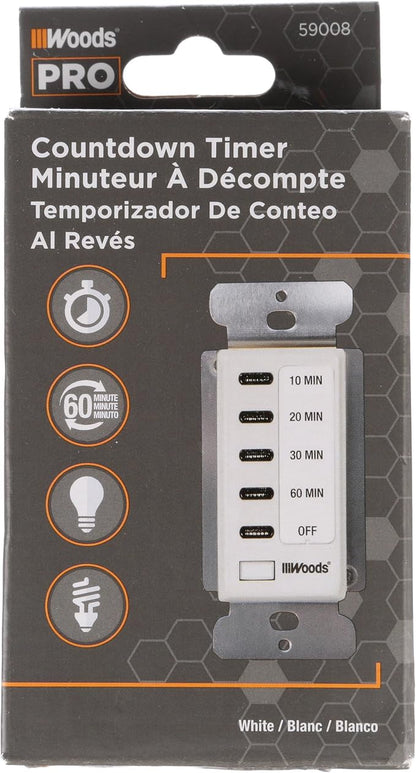 Southwire Woods In-Wall 60-Minute Digital Countdown Timer - Automatic Shut-Off Timer - Energy-Efficient Wall-Mounted Timer - Durable Digital Timer - Easy-Installation Indoor Timer