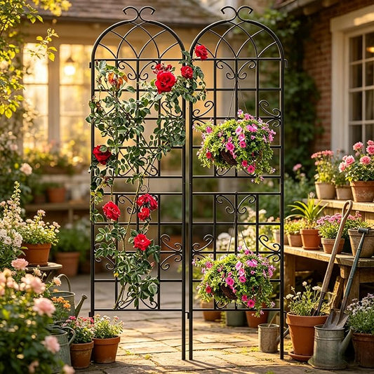 2-Pack 87" x 20" Black Metal Garden Trellises with Butterfly Design | Rust-resistant metal trellises with butterfly arches, scrollwork, spikes, and support for roses, vines, or vegetables