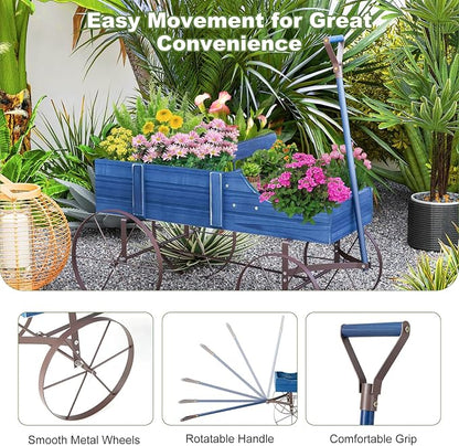 Wooden Wagon Planter, Decorative Flower Pots w/ 2 Planting Sections, Wheels & Handle, Rustic Farmhouse Garden Planter Box for Patio, Yard, Porch (Blue)