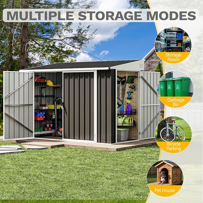 DWVO 7' x 4' Outdoor Storage Shed, Large Metal Tool Sheds, Heavy Duty Storage House with 3 Lockable Doors & Air Vent for Backyard Patio Lawn to Store Bikes, Tools, Lawnmowers, Dark Gray