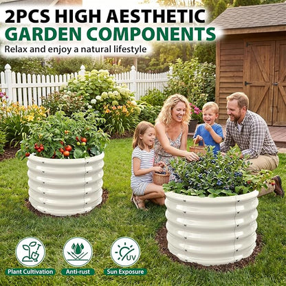 24" Diameter Round Raised Garden Bed - 17 Inch Tall, Heavy-Duty Galvanized Steel Planter Box with Wave-Shaped Panels for Vegetables, Herbs & Flowers (2, White, 24 Inch Diameter)