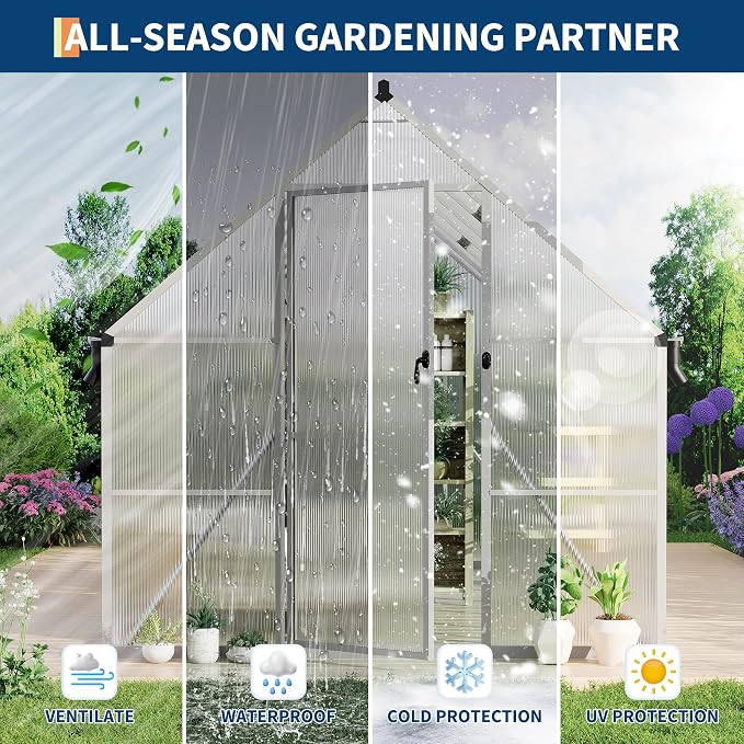 GarveeLife 8X14FT Polycarbonate Greenhouse with Aluminum Frame, Polycarbonate Greenhouse for Outdoors, Greenhouses with Ventilation and Rain Gutter, Aluminum Large Walk-in Greenhouses for Outside