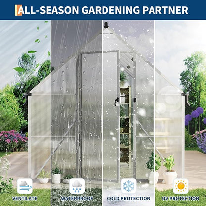 GarveeLife 8X14FT Polycarbonate Greenhouse with Aluminum Frame, Polycarbonate Greenhouse for Outdoors, Greenhouses with Ventilation and Rain Gutter, Aluminum Large Walk-in Greenhouses for Outside