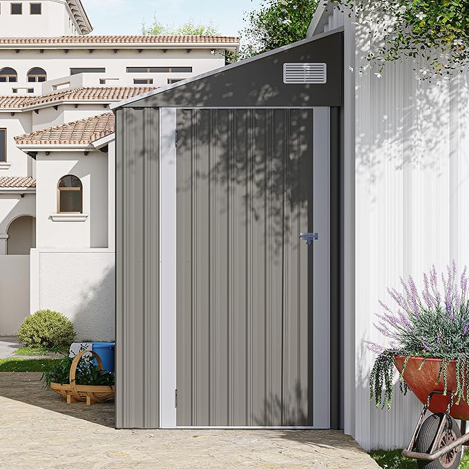 YOPTO 4x8 FT Lean to Shed, Outdoor Metal Storage Sheds with Lockable Door,Garden Tool Shed with Sloping Roof for Backayrd, Patio,Lawn,Gray