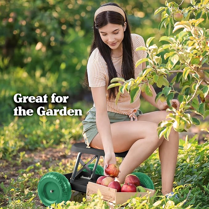 Gardening Stool - Rolling Garden Seat with Wheels and Storage Tool Tray - Garden Cart Scooter - Yard Tools by Pure Garden (Black and Green)