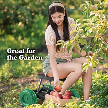 Gardening Stool - Rolling Garden Seat with Wheels and Storage Tool Tray - Garden Cart Scooter - Yard Tools by Pure Garden (Black and Green)